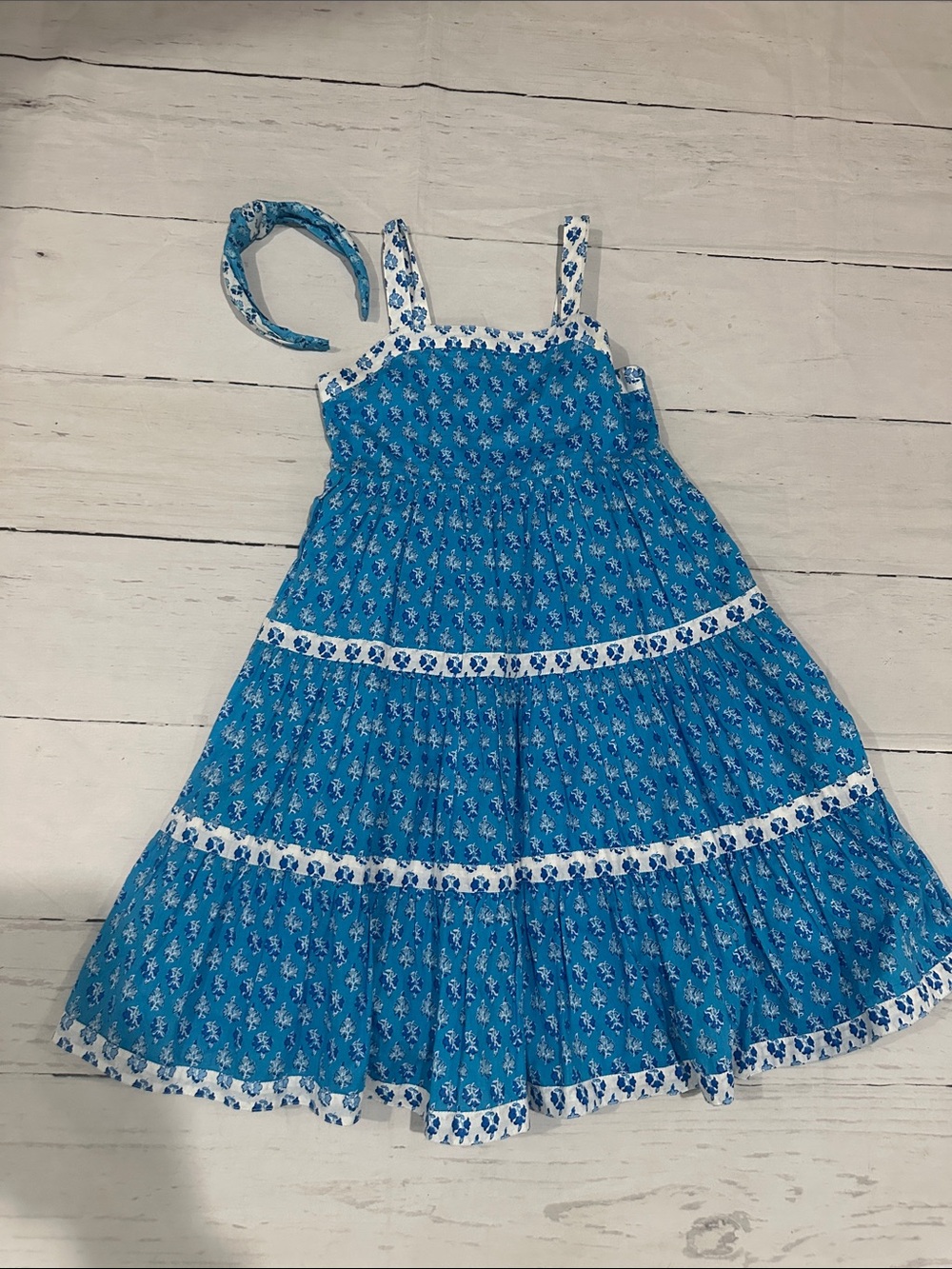 Crewcuts Bright Blue Floral Tiered Sundress with Headband size 8